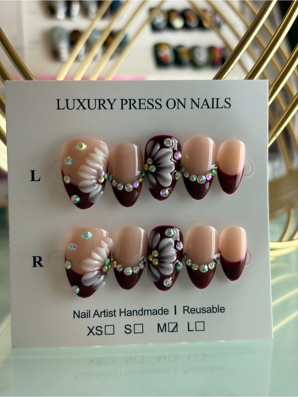 Short Almond Dark Burgundy Brown with stones and Flower design